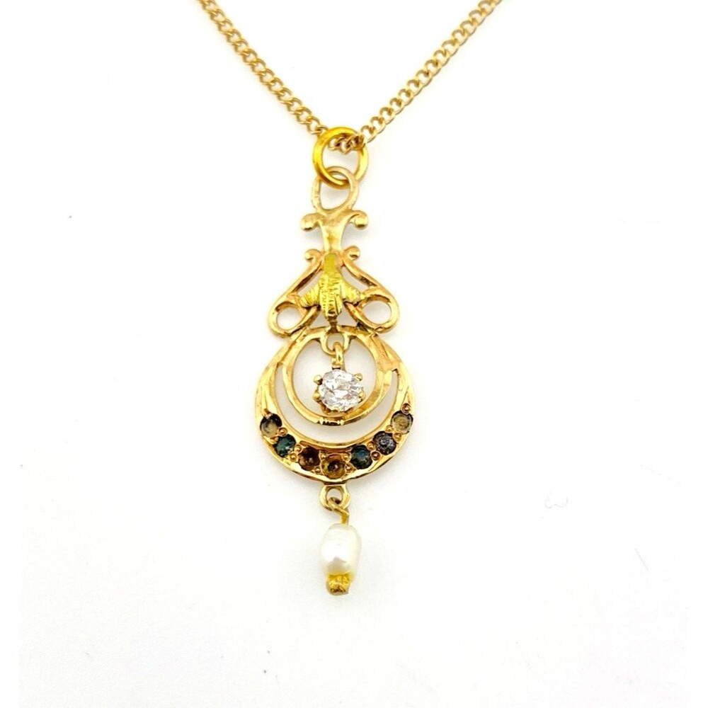 Antique Edwardian 9K Gold Pearl Lavalier Pendant Necklace 17 Inch